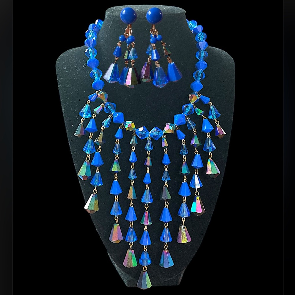 Vintage Signed Germany Blue Aurora Borealis Necklace And Earring Set